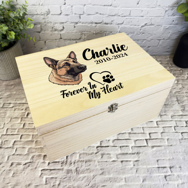 German Shepherd Paw Print Heart Pet Memorial Personalised Wooden Keepsake Box