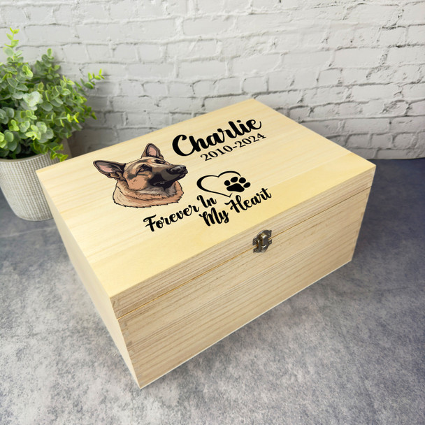 German Shepherd Paw Print Heart Pet Memorial Personalised Wooden Keepsake Box