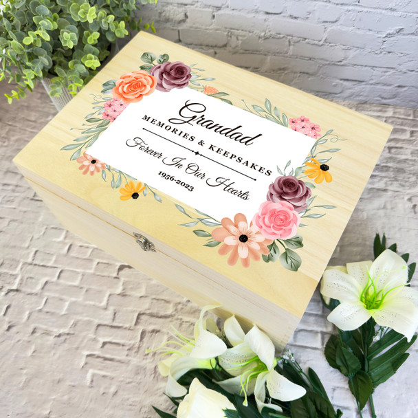 Grandad Memories Watercolour Floral Memorial Personalised Wooden Keepsake Box