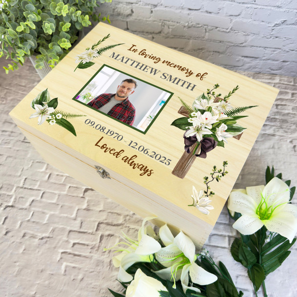 In Loving Memory Photo Cross Lilies Memorial Personalised Wooden Keepsake Box