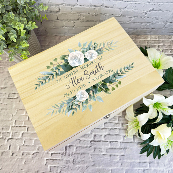 In Loving Memory White Green Leaves Memorial Personalised Wooden Keepsake Box