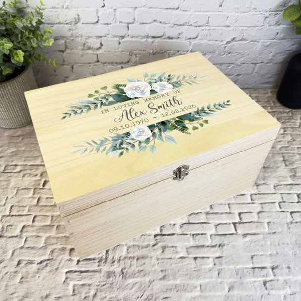 In Loving Memory White Green Leaves Memorial Personalised Wooden Keepsake Box