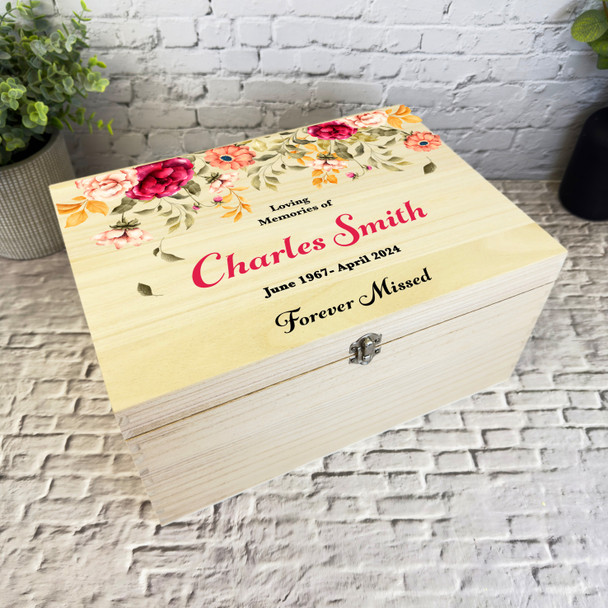 Loving Memories Watercolour Flowers Memorial Personalised Wooden Keepsake Box