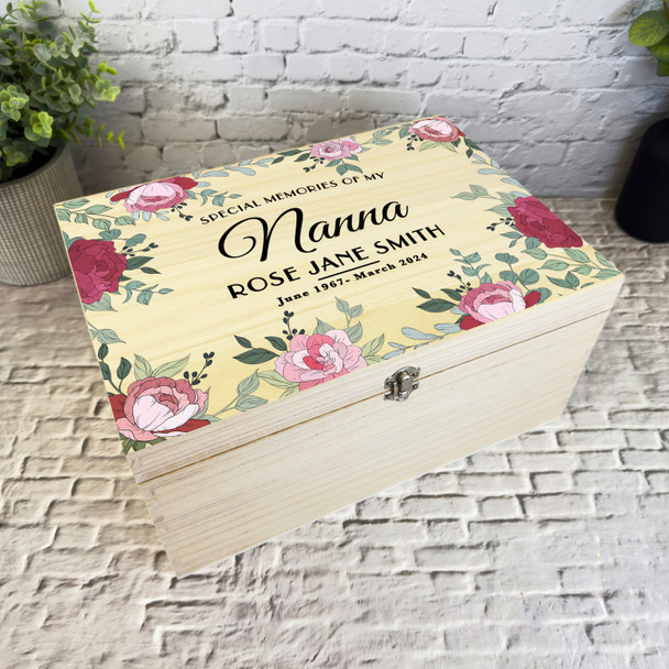 Memories Of Nanna Pink Floral Frame Memorial Personalised Wooden Keepsake Box