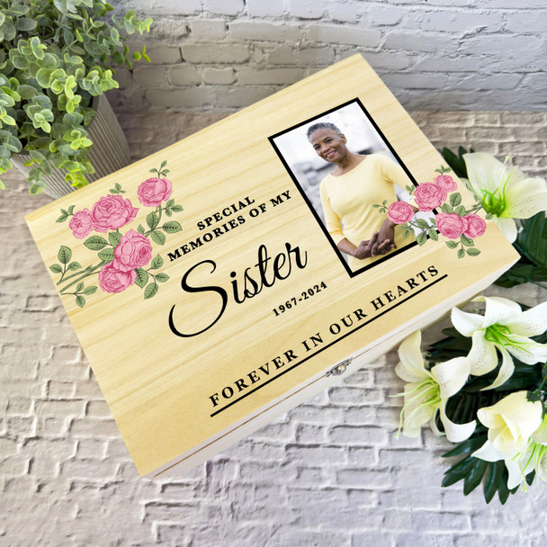 Memories Of Sister Rose Photo Frame Memorial Personalised Wooden Keepsake Box