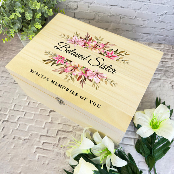 Memories Of You Sister Pink Flowers Memorial Personalised Wooden Keepsake Box