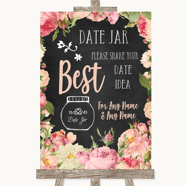 Chalkboard Style Pink Roses Date Jar Guestbook Personalised Wedding Sign