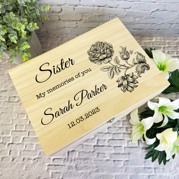 Sister Memories Of You Black Flower Memorial Personalised Wooden Keepsake Box