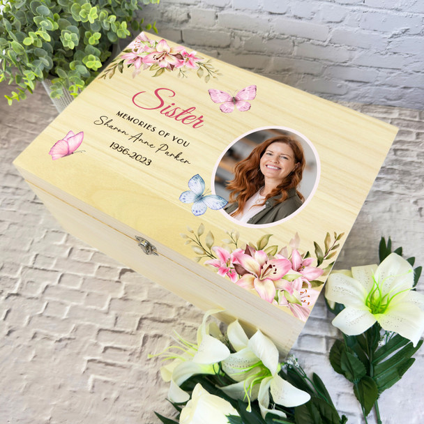 Sister Pink Butterflies Photo Frame Memorial Personalised Wooden Keepsake Box