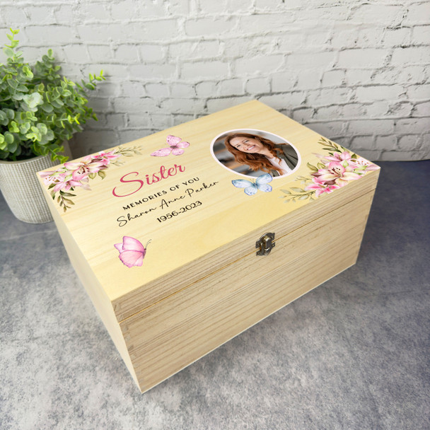 Sister Pink Butterflies Photo Frame Memorial Personalised Wooden Keepsake Box