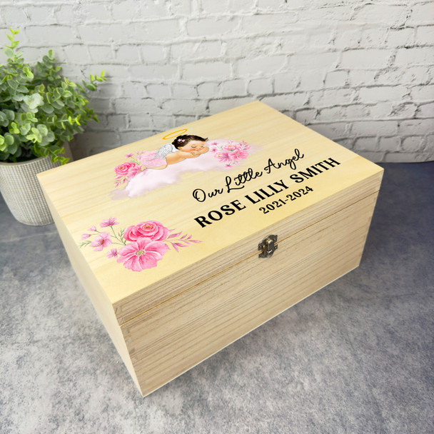 Sleep Brunette Hair Baby Girl Wings Memorial Personalised Wooden Keepsake Box