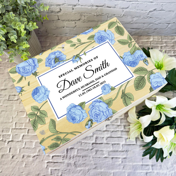 Special Memories Vintage Blue Roses Memorial Personalised Wooden Keepsake Box