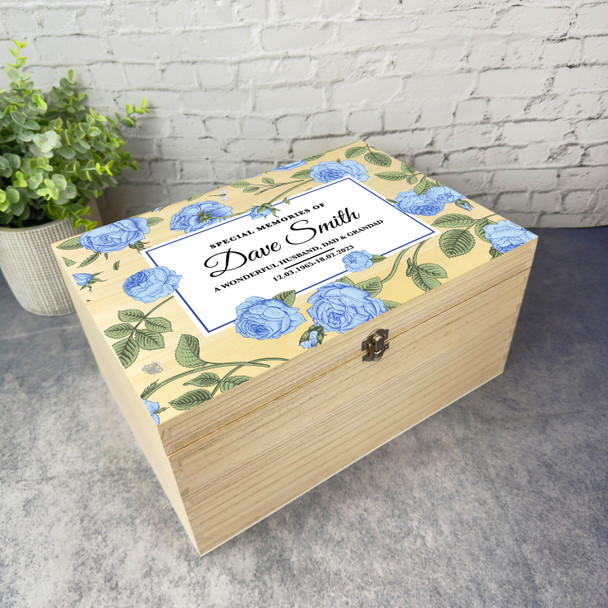 Special Memories Vintage Blue Roses Memorial Personalised Wooden Keepsake Box