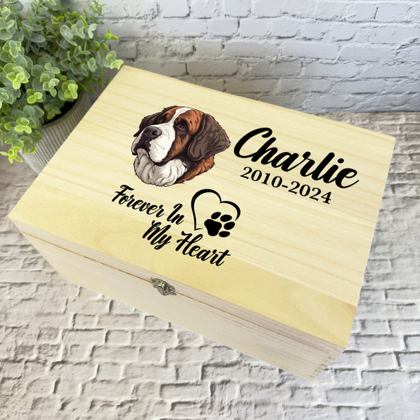 St. Bernard Dog Paw Print Heart Pet Memorial Personalised Wooden Keepsake Box