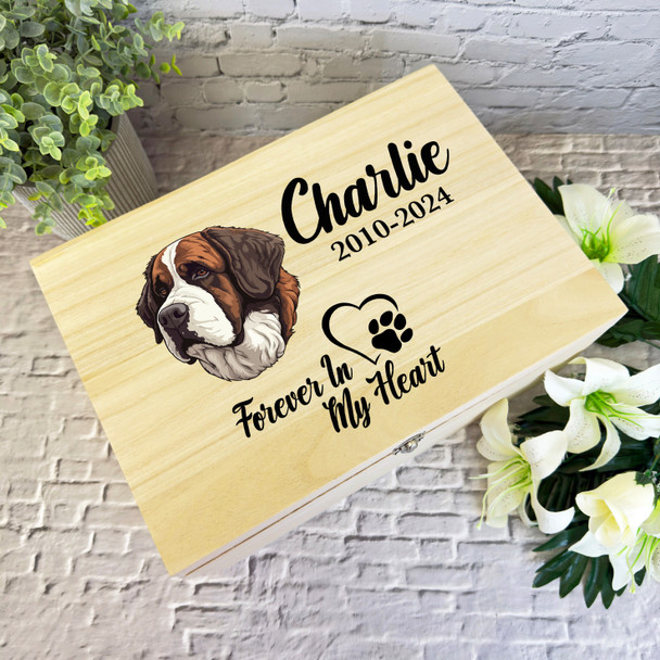 St. Bernard Dog Paw Print Heart Pet Memorial Personalised Wooden Keepsake Box