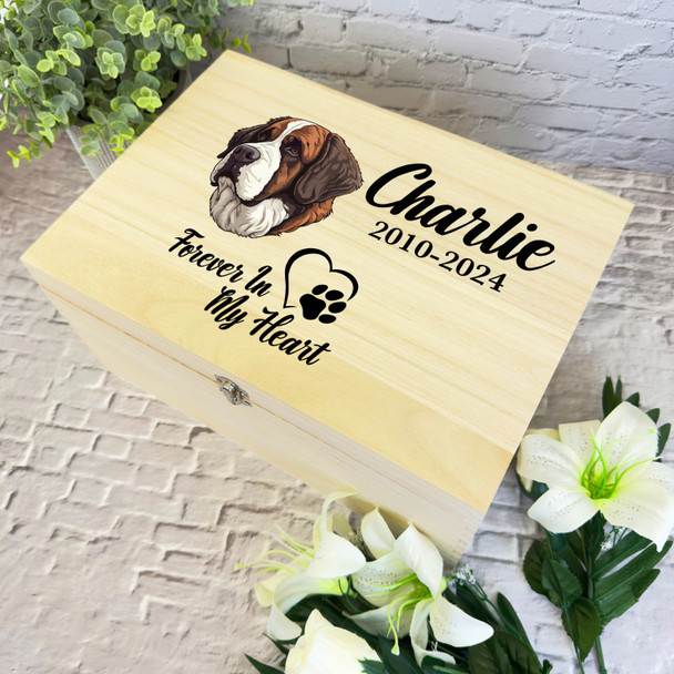 St. Bernard Dog Paw Print Heart Pet Memorial Personalised Wooden Keepsake Box