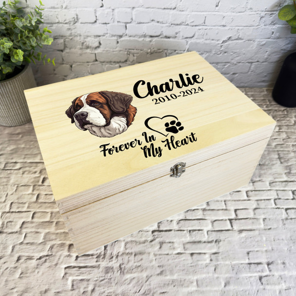 St. Bernard Dog Paw Print Heart Pet Memorial Personalised Wooden Keepsake Box