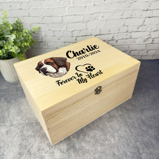 St. Bernard Dog Paw Print Heart Pet Memorial Personalised Wooden Keepsake Box