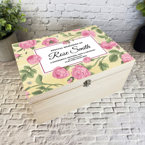 Vintage Pink Roses Special Memories Memorial Personalised Wooden Keepsake Box