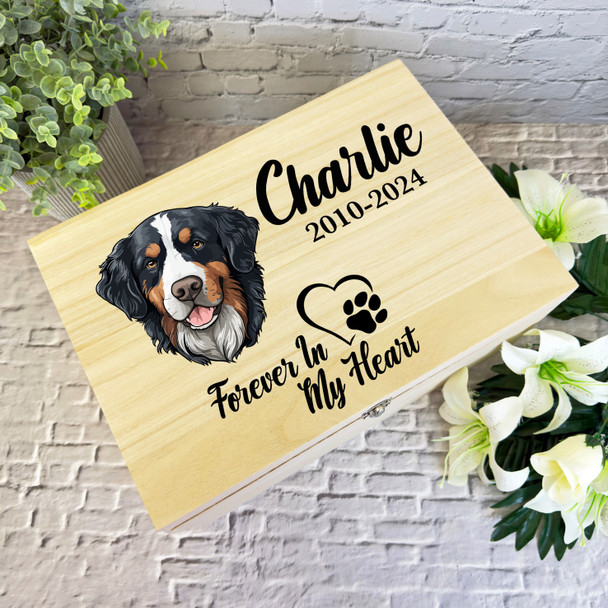 Bernese Mountain Dog Paw Print Pet Memorial Personalised Wooden Keepsake Box