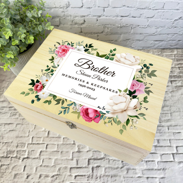 Brother Memories Pink White Floral Memorial Personalised Wooden Keepsake Box