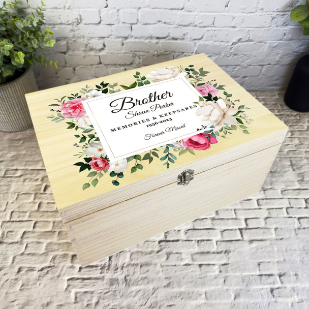 Brother Memories Pink White Floral Memorial Personalised Wooden Keepsake Box