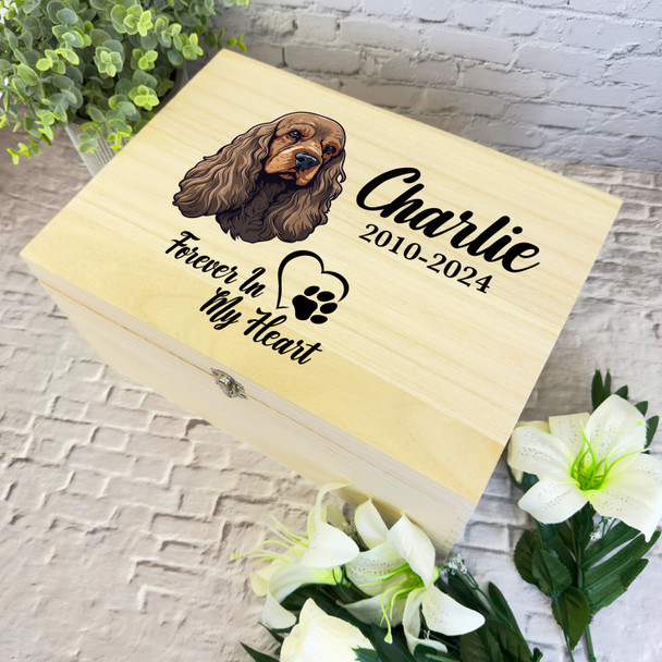 Cocker Spaniel Paw Print Heart Pet Memorial Personalised Wooden Keepsake Box