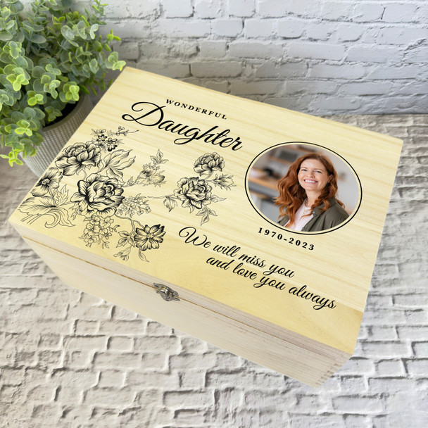 Daughter Black Flowers Photo Frame Memorial Personalised Wooden Keepsake Box