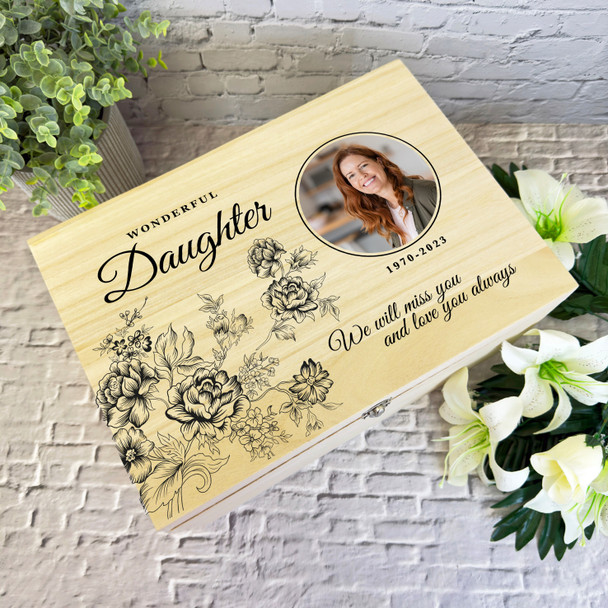 Daughter Black Flowers Photo Frame Memorial Personalised Wooden Keepsake Box