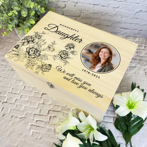 Daughter Black Flowers Photo Frame Memorial Personalised Wooden Keepsake Box