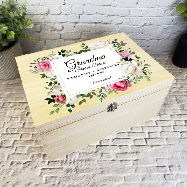 Grandma Pink White Floral Memories Memorial Personalised Wooden Keepsake Box