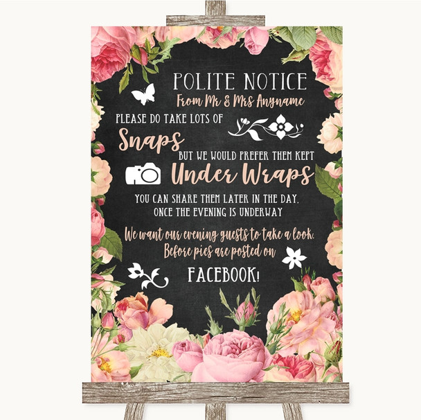 Chalkboard Style Pink Roses Don't Post Photos Facebook Personalised Wedding Sign