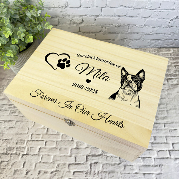 Heart Paw Print Boston Terrier Pet Memorial Personalised Wooden Keepsake Box