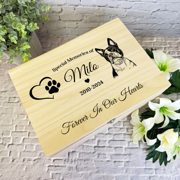 Heart Paw Print Boston Terrier Pet Memorial Personalised Wooden Keepsake Box