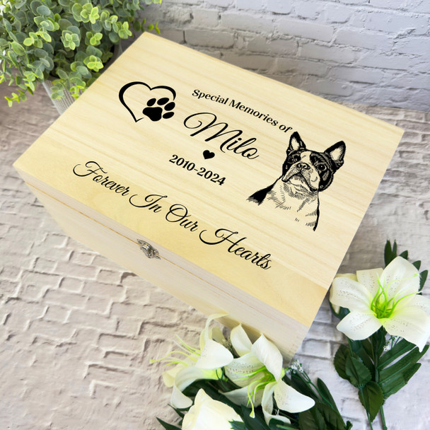 Heart Paw Print Boston Terrier Pet Memorial Personalised Wooden Keepsake Box