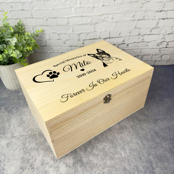 Heart Paw Print Boston Terrier Pet Memorial Personalised Wooden Keepsake Box