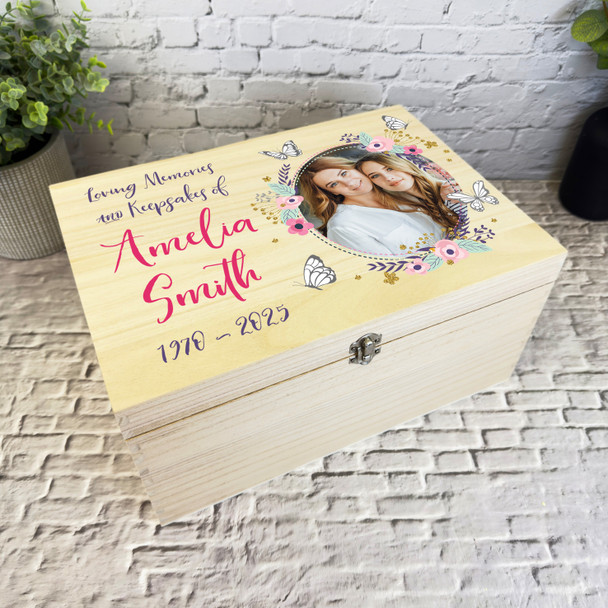 Loving Memory Female Photo Flowers Memorial Personalised Wooden Keepsake Box