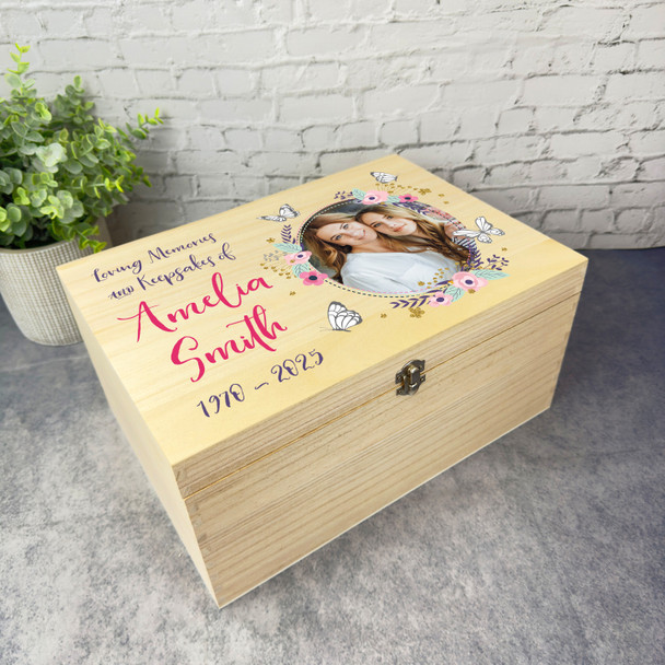 Loving Memory Female Photo Flowers Memorial Personalised Wooden Keepsake Box