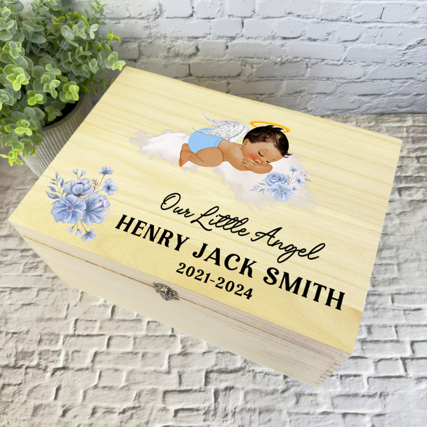 Medium Brunette Hair Baby Boy Blue Memorial Personalised Wooden Keepsake Box