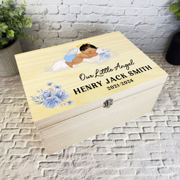 Medium Brunette Hair Baby Boy Blue Memorial Personalised Wooden Keepsake Box