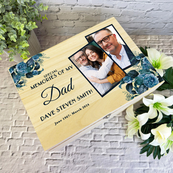 Memories Of Dad Blue Floral Photos Memorial Personalised Wooden Keepsake Box