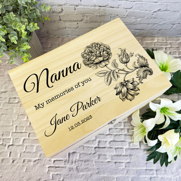 Nanna Memories Of You Black Flower Memorial Personalised Wooden Keepsake Box