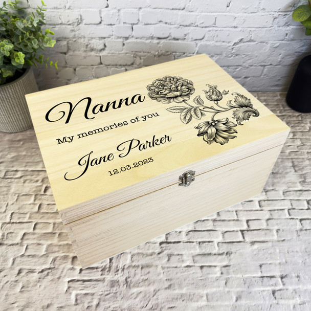 Nanna Memories Of You Black Flower Memorial Personalised Wooden Keepsake Box