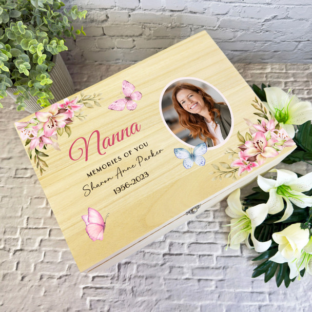 Nanna Pink Butterflies Photo Frame Memorial Personalised Wooden Keepsake Box