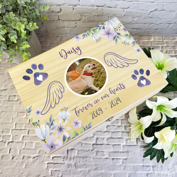 Pet Loss Dog Cat Memorial Photo Angel Wings Personalised Wooden Keepsake Box