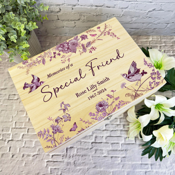 Pink Birds Special Friend Memories Memorial Personalised Wooden Keepsake Box