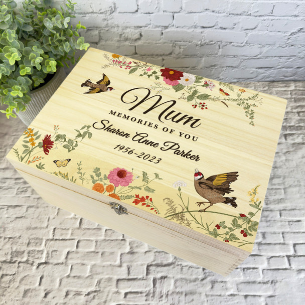 Retro Floral Birds Memories Of You Memorial Personalised Wooden Keepsake Box