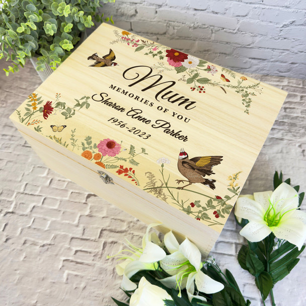 Retro Floral Birds Memories Of You Memorial Personalised Wooden Keepsake Box