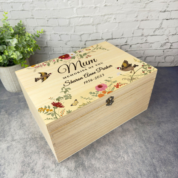 Retro Floral Birds Memories Of You Memorial Personalised Wooden Keepsake Box