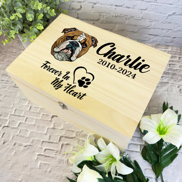 Bulldog Paw Print Heart Pet Memorial Personalised Wooden Memory Keepsake Box